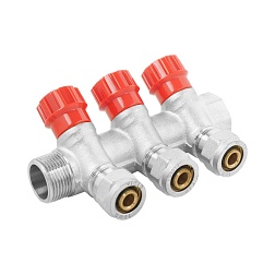 Коллектор водоразборный с регулировочными вентилями и цангами 3/4"х16 - 3 выхода - фото товара